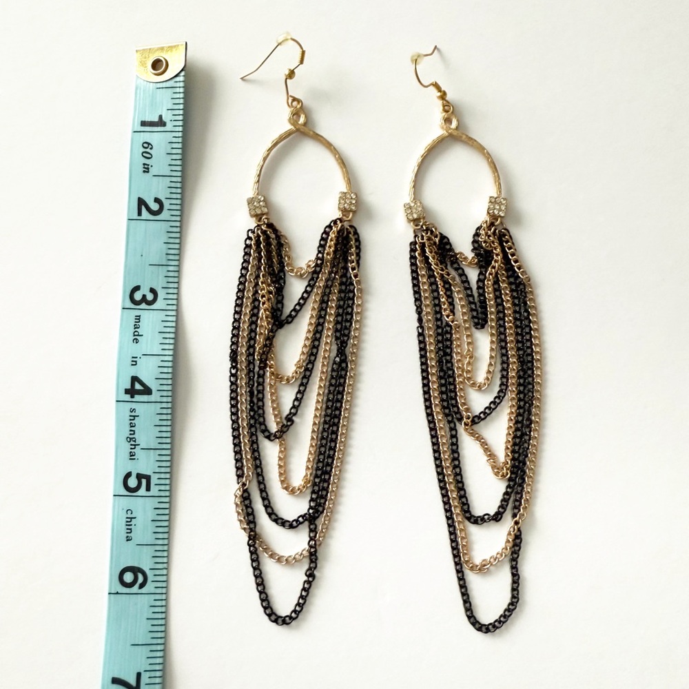 Vintage Style Two Toned Gold & Black Metal Long Dangling Chain Hoop Earrings - Picture 7 of 7